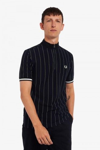 Fine Stripe Funnel Neck Polo Shirts