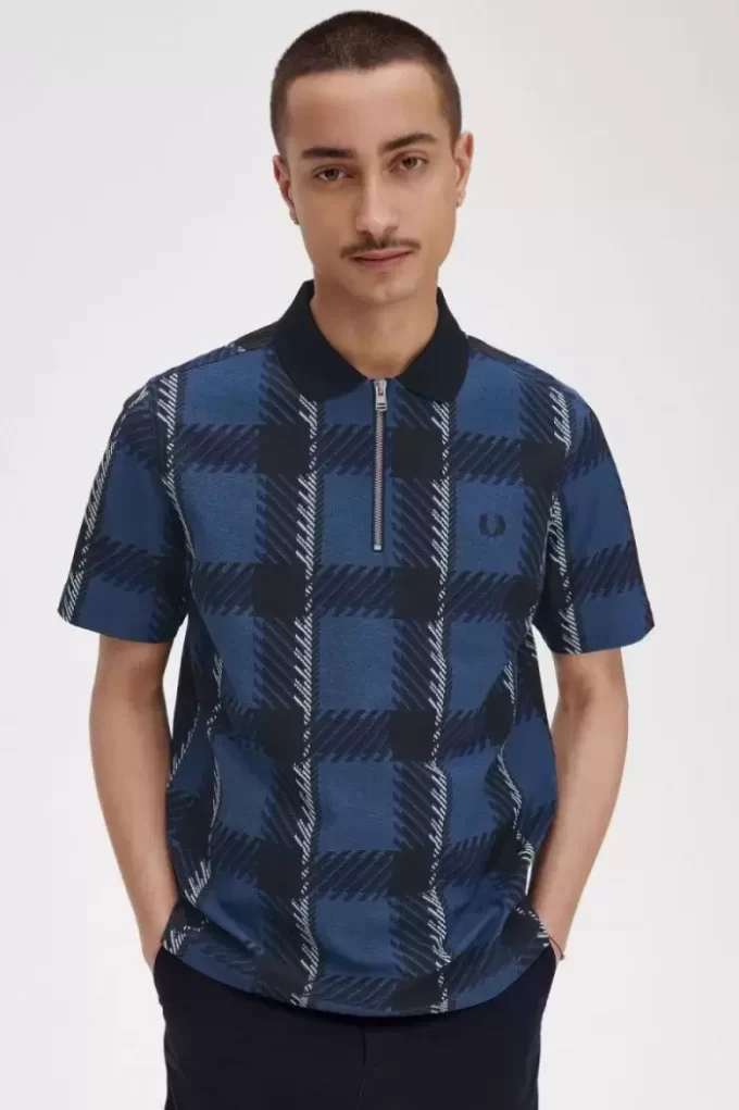 Glitch Tartan Zip Neck Men’s Polo Shirt