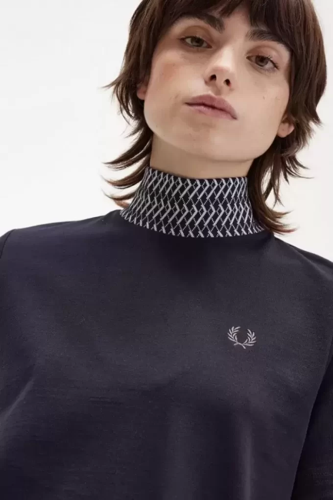 Jacquard Trim High Neck Women’s T-Shirt